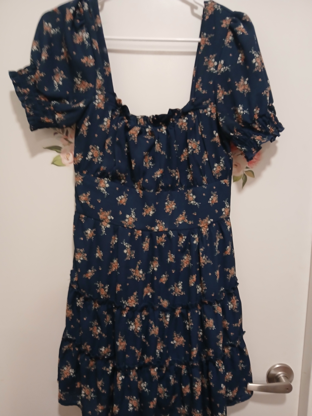 Trixxi Navy Floral Tiered Mini Dress with Puff Sleeves